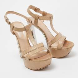 Pre Owned Casadei Beige Embossed Python Platform T-Strap Sandals Size 38