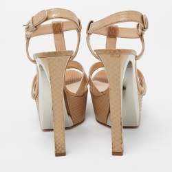 Pre Owned Casadei Beige Embossed Python Platform T-Strap Sandals Size 38