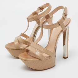 Pre Owned Casadei Beige Embossed Python Platform T-Strap Sandals Size 38