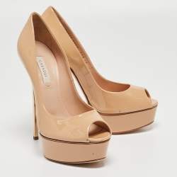 Pre Owned Casadei Beige Patent Leather Peep Toe Platform Pumps Size 37