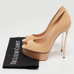Pre Owned Casadei Beige Patent Leather Peep Toe Platform Pumps Size 37
