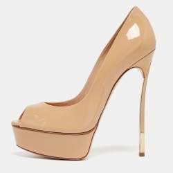 Pre Owned Casadei Beige Patent Leather Peep Toe Platform Pumps Size 37