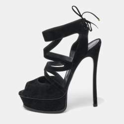 Pre Owned Casadei Black Suede Strappy Platform Ankle Tie Sandals Size 38