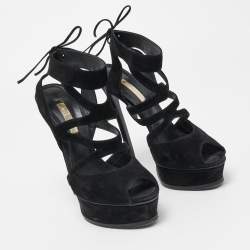 Pre Owned Casadei Black Suede Strappy Platform Ankle Tie Sandals Size 38