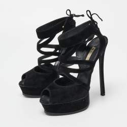 Pre Owned Casadei Black Suede Strappy Platform Ankle Tie Sandals Size 38