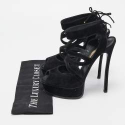 Pre Owned Casadei Black Suede Strappy Platform Ankle Tie Sandals Size 38