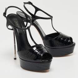 Pre Owned Casadei Black Croc Embossed Patent Leather Peep Toe Platform T-Strap Sandals Size 37.5