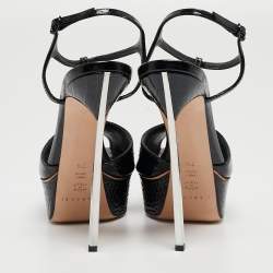 Pre Owned Casadei Black Croc Embossed Patent Leather Peep Toe Platform T-Strap Sandals Size 37.5