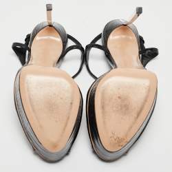 Pre Owned Casadei Black Croc Embossed Patent Leather Peep Toe Platform T-Strap Sandals Size 37.5