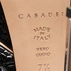 Pre Owned Casadei Black Croc Embossed Patent Leather Peep Toe Platform T-Strap Sandals Size 37.5