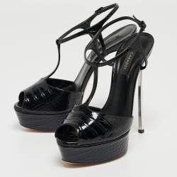 Pre Owned Casadei Black Croc Embossed Patent Leather Peep Toe Platform T-Strap Sandals Size 37.5