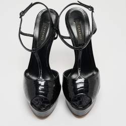 Pre Owned Casadei Black Croc Embossed Patent Leather Peep Toe Platform T-Strap Sandals Size 37.5