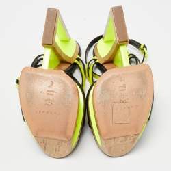 Pre Owned Casadei Black/Neon Yellow Leather and Patent Cork Wedge Platform Strappy Sandals Size 38