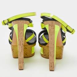 Pre Owned Casadei Black/Neon Yellow Leather and Patent Cork Wedge Platform Strappy Sandals Size 38