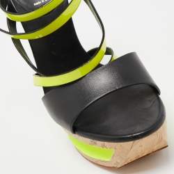 Pre Owned Casadei Black/Neon Yellow Leather and Patent Cork Wedge Platform Strappy Sandals Size 38
