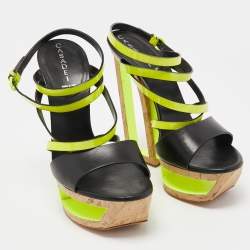Pre Owned Casadei Black/Neon Yellow Leather and Patent Cork Wedge Platform Strappy Sandals Size 38