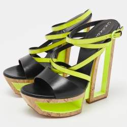 Pre Owned Casadei Black/Neon Yellow Leather and Patent Cork Wedge Platform Strappy Sandals Size 38