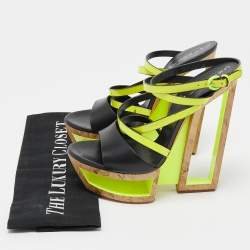 Pre Owned Casadei Black/Neon Yellow Leather and Patent Cork Wedge Platform Strappy Sandals Size 38