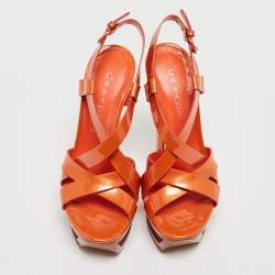 Pre Owned Casadei Orange Patent Leather Ankle Strap Sandals Size 38