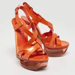 Pre Owned Casadei Orange Patent Leather Ankle Strap Sandals Size 38