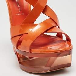 Pre Owned Casadei Orange Patent Leather Ankle Strap Sandals Size 38