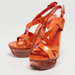 Pre Owned Casadei Orange Patent Leather Ankle Strap Sandals Size 38