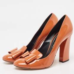 Pre Owned Casadei Brown Patent Leather Round Toe Block Heel Pumps Size 41