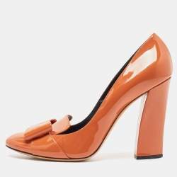 Pre Owned Casadei Brown Patent Leather Round Toe Block Heel Pumps Size 41