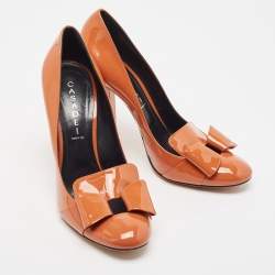 Pre Owned Casadei Brown Patent Leather Round Toe Block Heel Pumps Size 41
