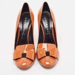 Pre Owned Casadei Brown Patent Leather Round Toe Block Heel Pumps Size 41