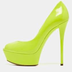 Casadei Lime Green Patent Leather Daisy Peep Toe Platform Pumps Size 37