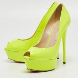 Casadei Lime Green Patent Leather Daisy Peep Toe Platform Pumps Size 37