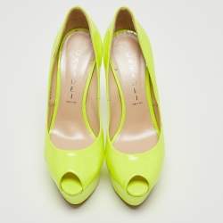 Casadei Lime Green Patent Leather Daisy Peep Toe Platform Pumps Size 37