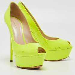 Casadei Lime Green Patent Leather Daisy Peep Toe Platform Pumps Size 37