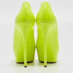 Casadei Lime Green Patent Leather Daisy Peep Toe Platform Pumps Size 37