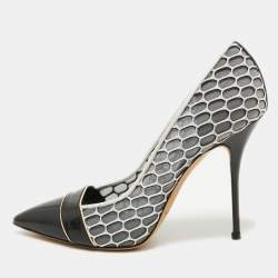 Casadei White/Black Net and Leather Pointed Toe Pumps Size 37.5