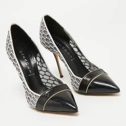Casadei White/Black Net and Leather Pointed Toe Pumps Size 37.5