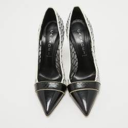 Casadei White/Black Net and Leather Pointed Toe Pumps Size 37.5