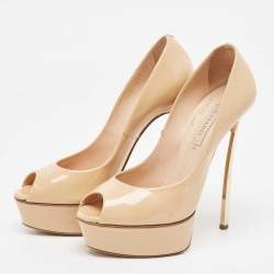 Pre Owned Casadei Beige Patent Peep Toe Pumps Size 36