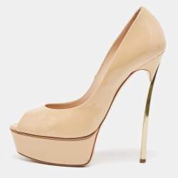 Pre Owned Casadei Beige Patent Peep Toe Pumps Size 36
