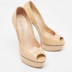 Pre Owned Casadei Beige Patent Peep Toe Pumps Size 36