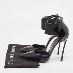 Pre Owned Casadei Black Leather and Patent Ankle Strap Pumps Size 37.5