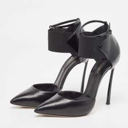 Pre Owned Casadei Black Leather and Patent Ankle Strap Pumps Size 37.5