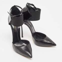 Pre Owned Casadei Black Leather and Patent Ankle Strap Pumps Size 37.5