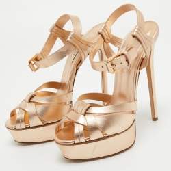 Pre Owned Casadei Rose Gold Leather Platform Ankle Strap Sandals Size 39