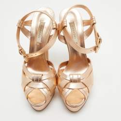 Pre Owned Casadei Rose Gold Leather Platform Ankle Strap Sandals Size 39