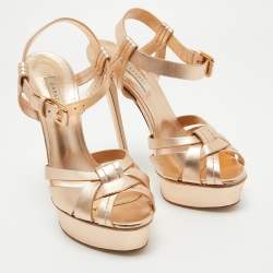 Pre Owned Casadei Rose Gold Leather Platform Ankle Strap Sandals Size 39