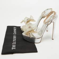 Casadei Silver/Gold Crystal Leather Flower Embellished Platform Ankle Strap Sandals Size 38.5