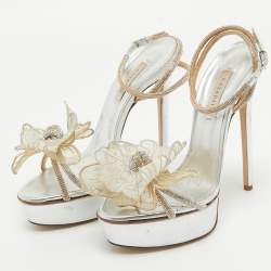 Casadei Silver/Gold Crystal Leather Flower Embellished Platform Ankle Strap Sandals Size 38.5