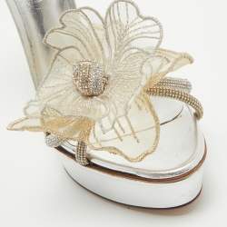 Casadei Silver/Gold Crystal Leather Flower Embellished Platform Ankle Strap Sandals Size 38.5